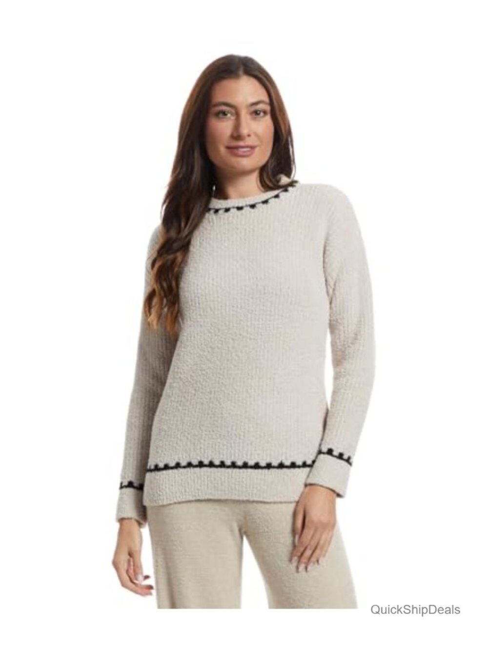Ribbed Sweater with Blanket Stitch Pullover Long Sleeve 100% Polyester Knit